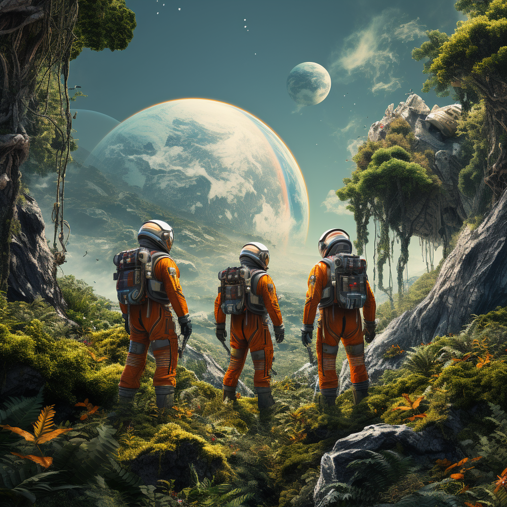 Astronauts in Different Suits looking at Overgrown Earth