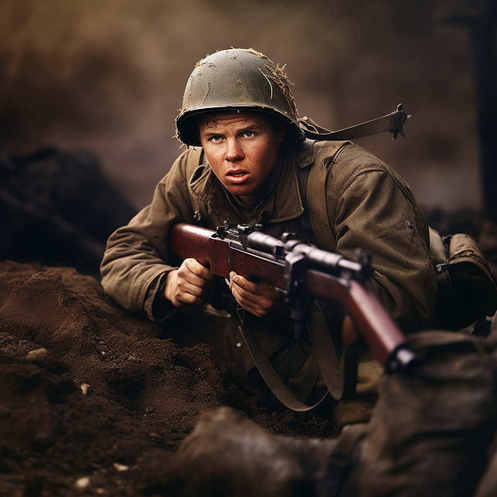 Audie Murphy shooting a machine gun in battle