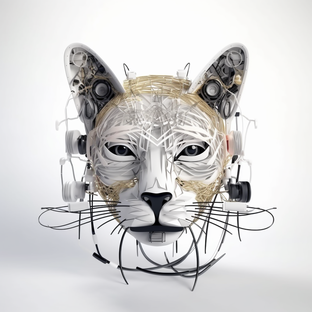 Cat face with audio cables and musical instruments