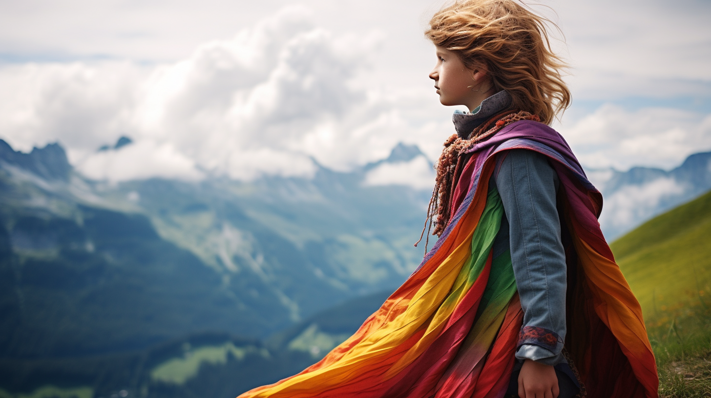 Boy on Austrian mountain with rainbow hair