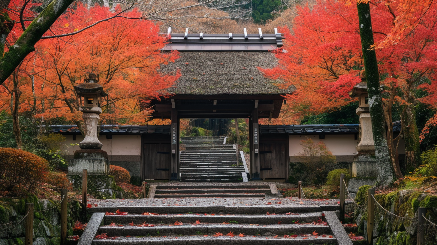 Autumn leaves on thatched roof Sanmon gate