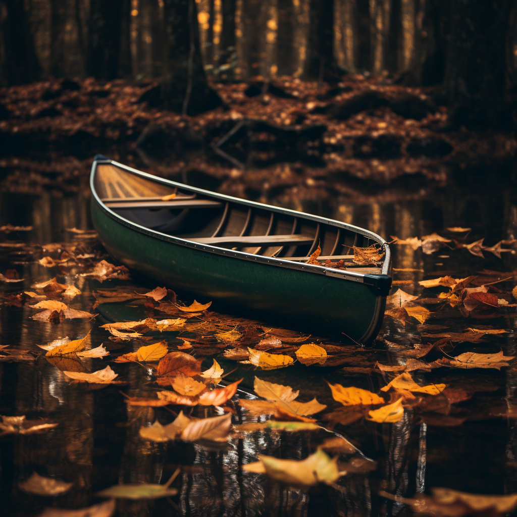 Colored leaves and green canoe in autumn scenery