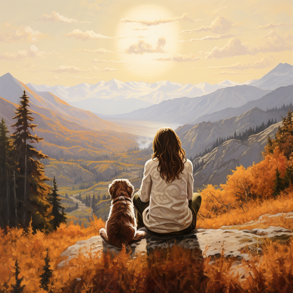 Girl and Dog on Colorful Autumn Mountain