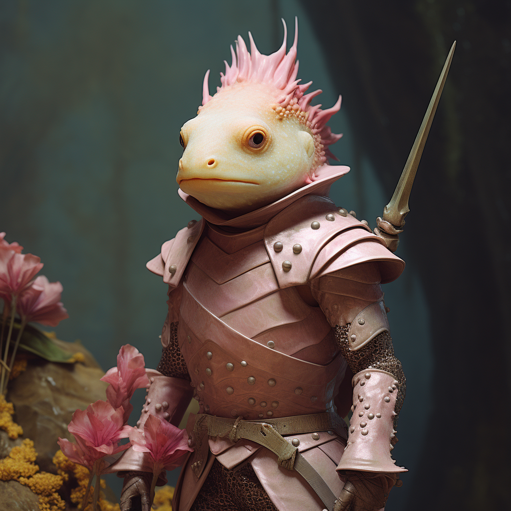 Cute axolotl posing as a knight