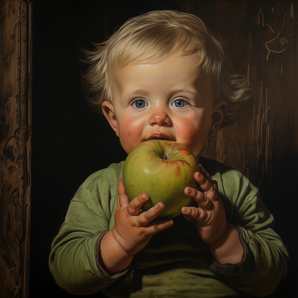 Adorable baby enjoying a fresh apple from the oven