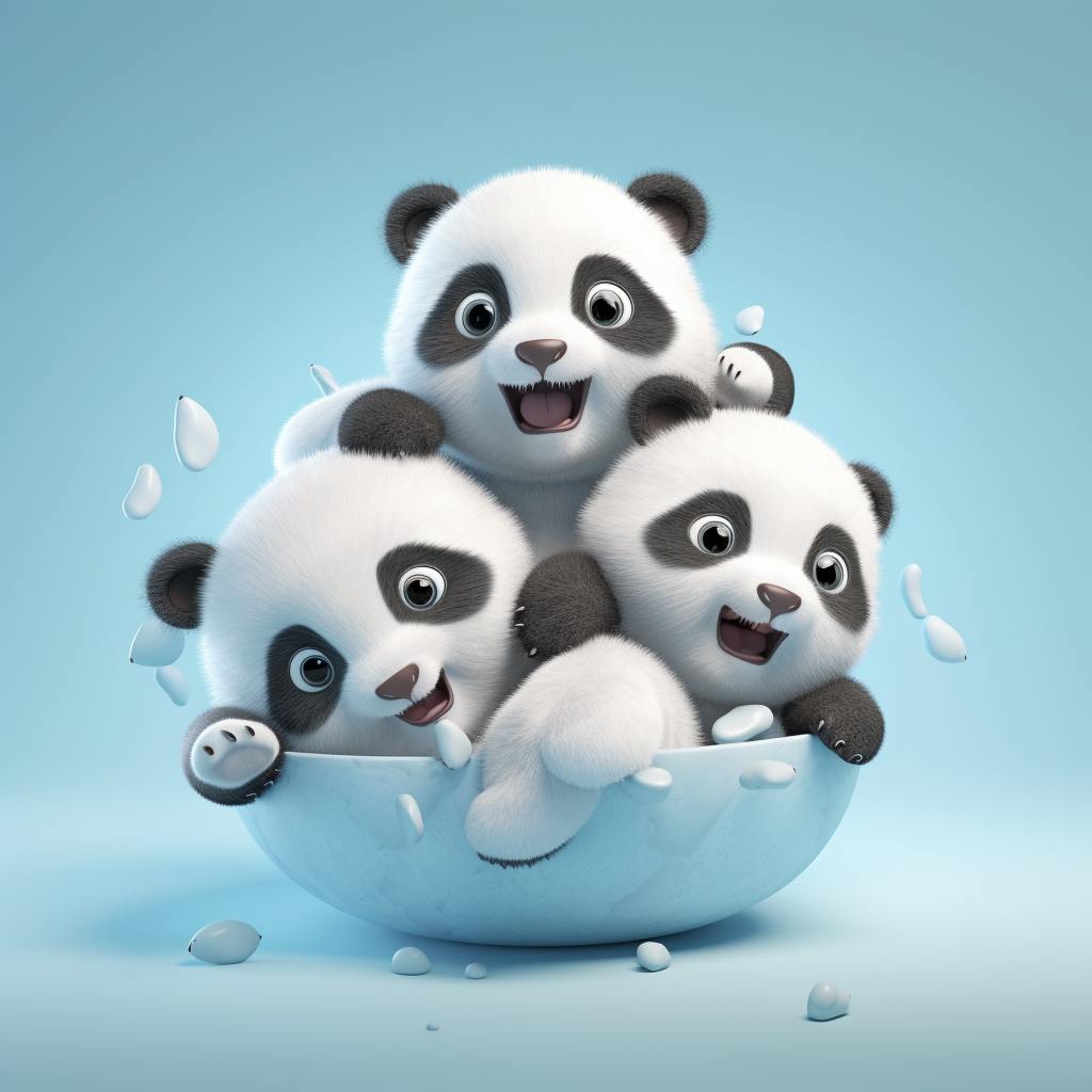 Cute baby panda surrounded by smaller pandas and coconuts