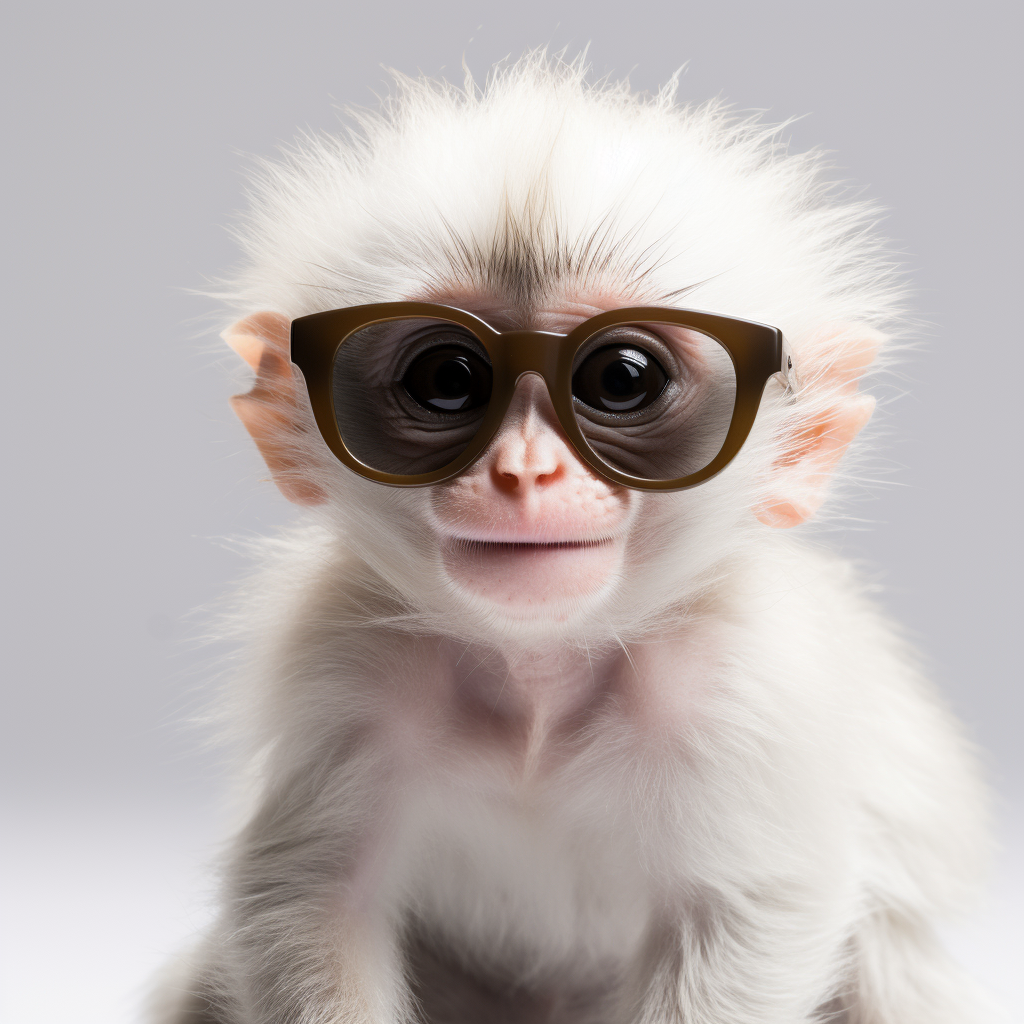 Baby monkey wearing sunglasses in white studio