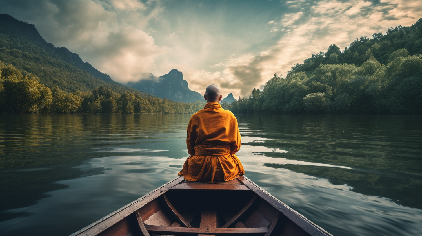 monk meditating on rowboat lake