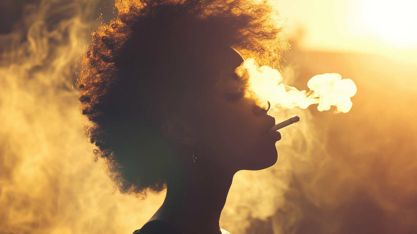 African woman blowing cigarette smoke