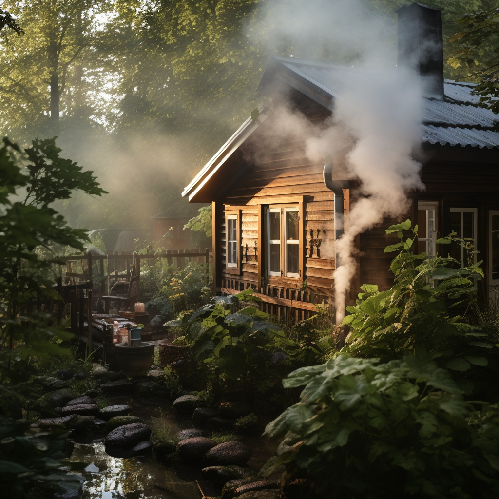 Sauna cottage with smoke in backyard