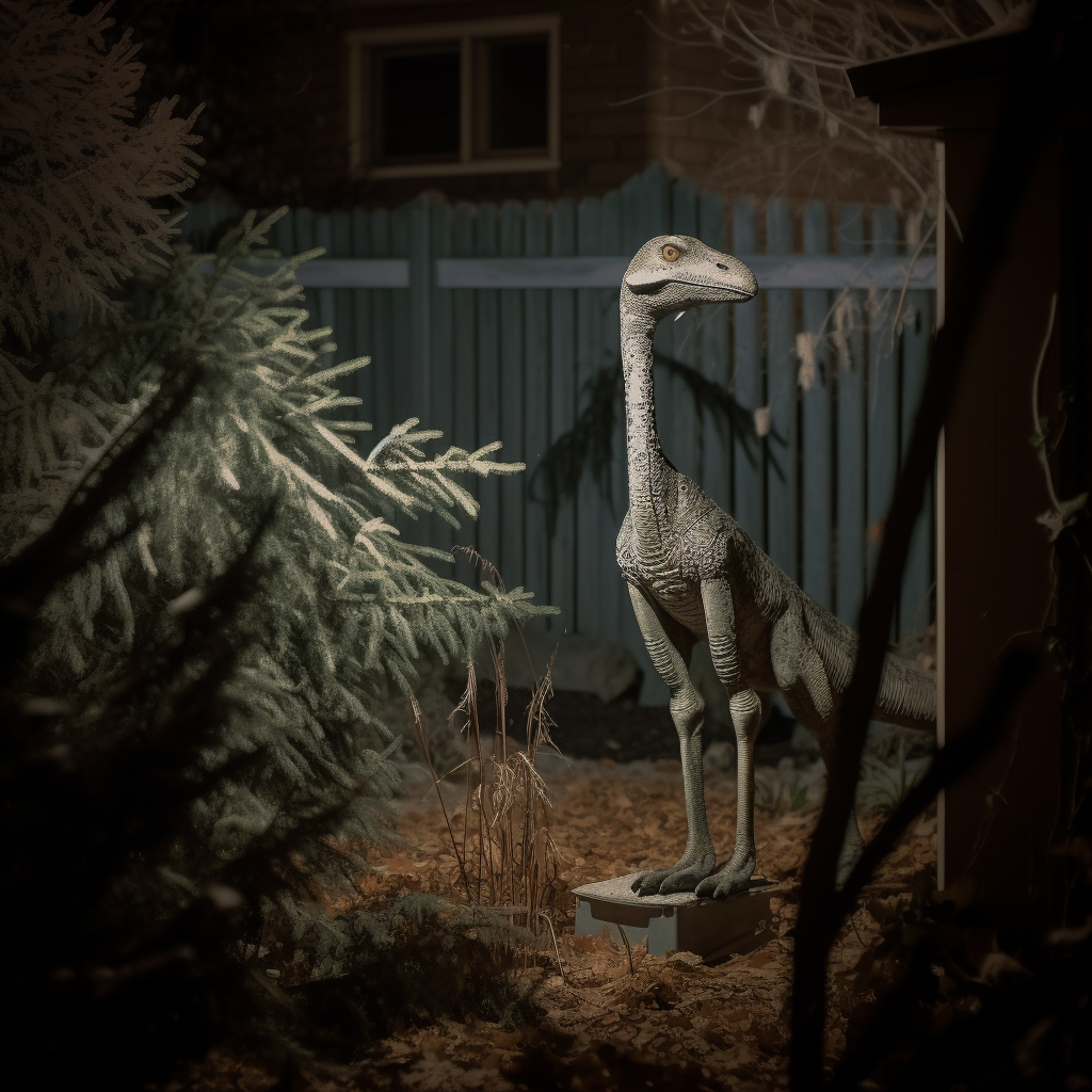 Velociraptor in backyard at night