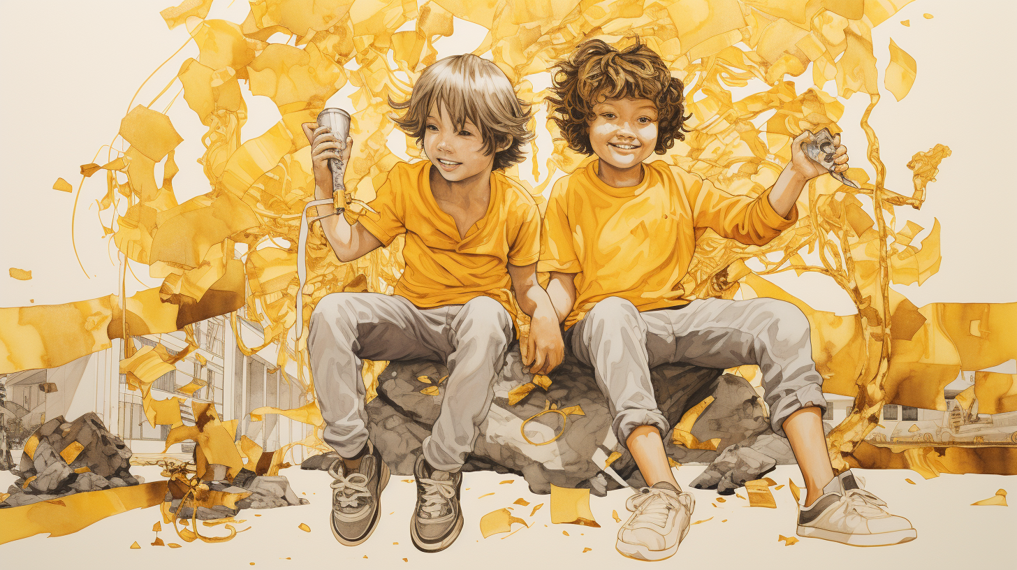 Playful bad kids drawing with gold colors