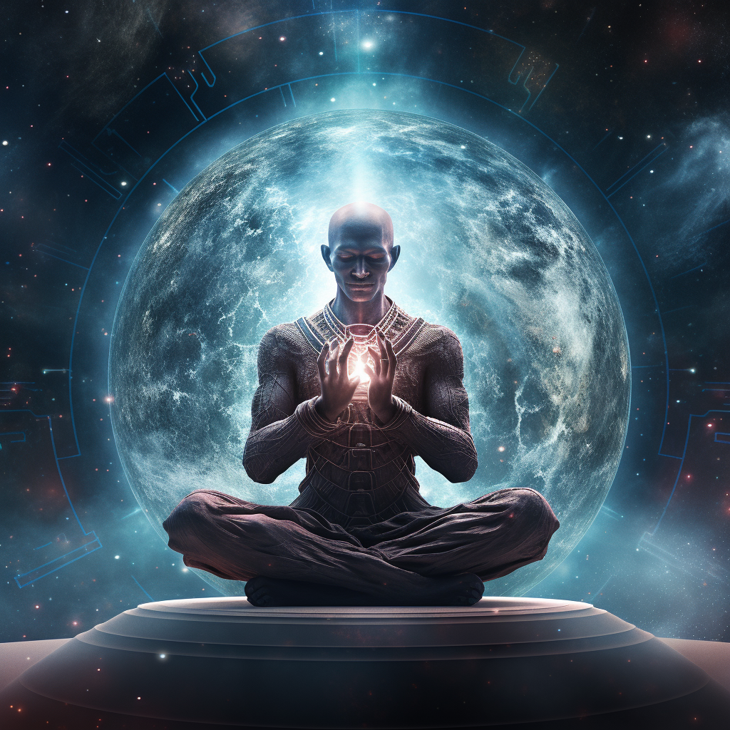 Bald humanoid meditating to the universe