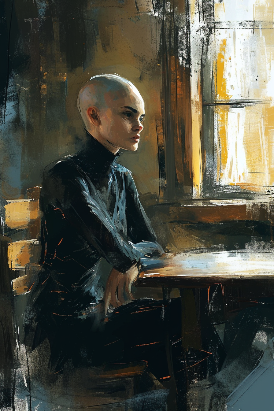 Bald woman Sinead O'Connor sitting at table