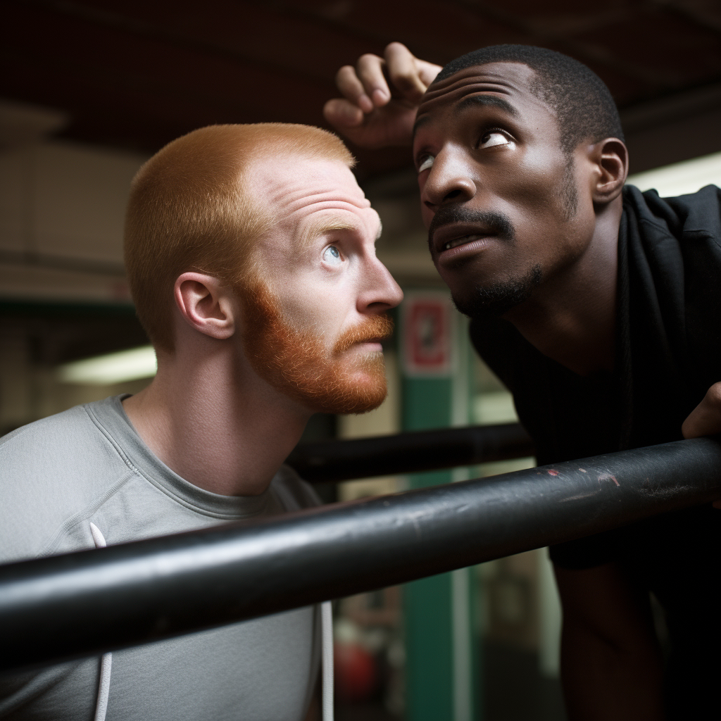 Focused ginger man observing intense black man's Olympic bar workout