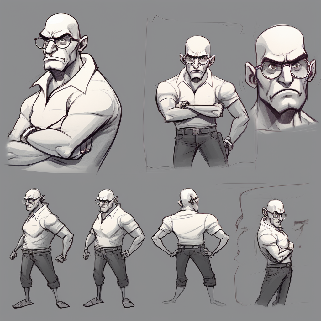 Detailed character design of bald man