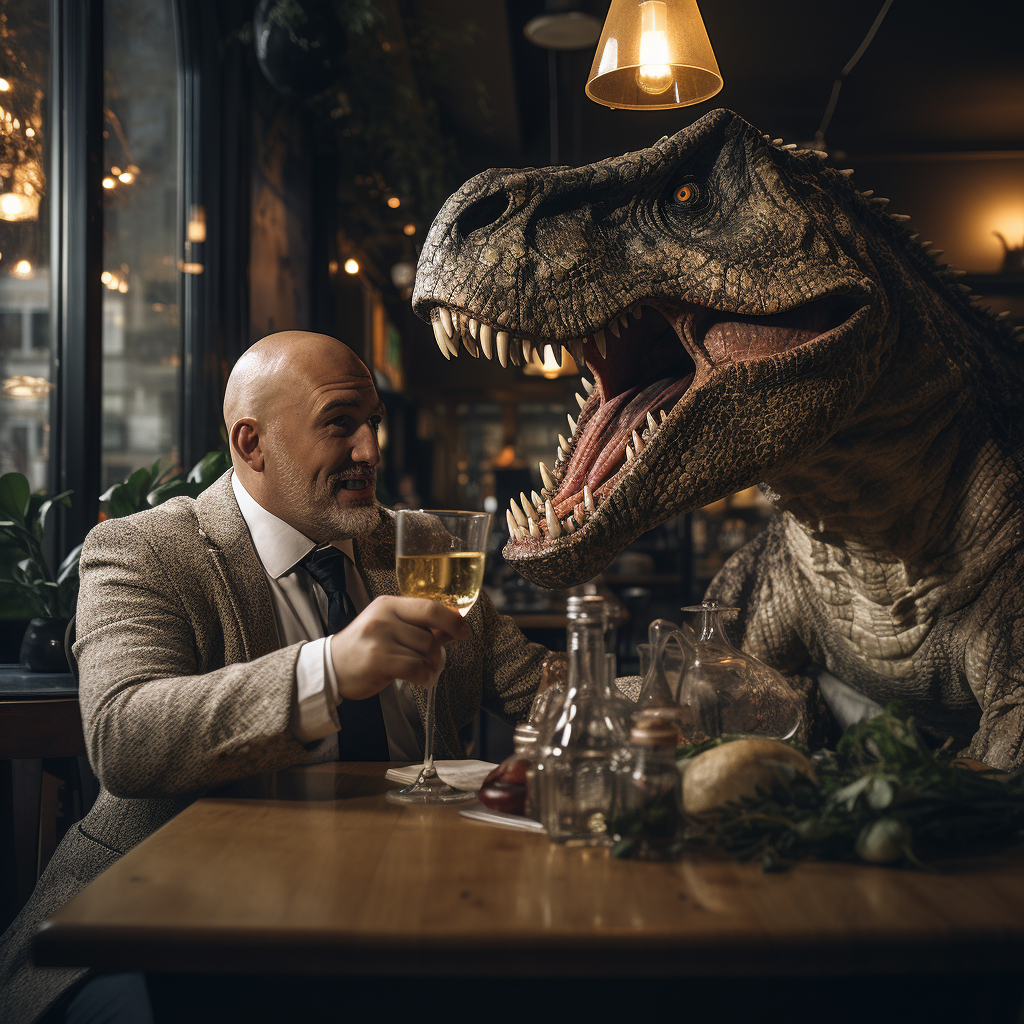 Bald man enjoys champagne while petting Tyrannosaurus Rex