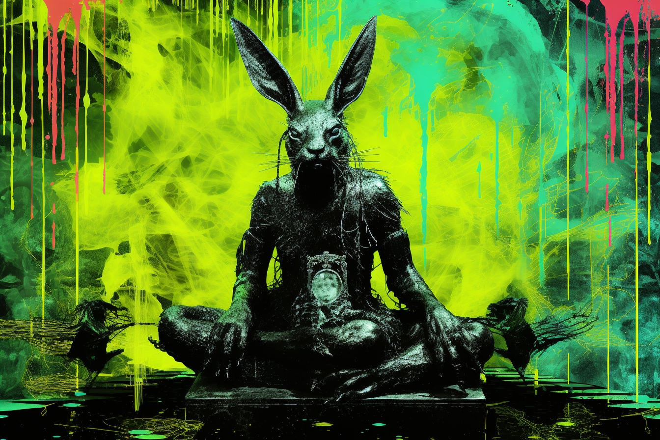 Baphomet Easter Bunny enjoying a black sock in rainy backdrop