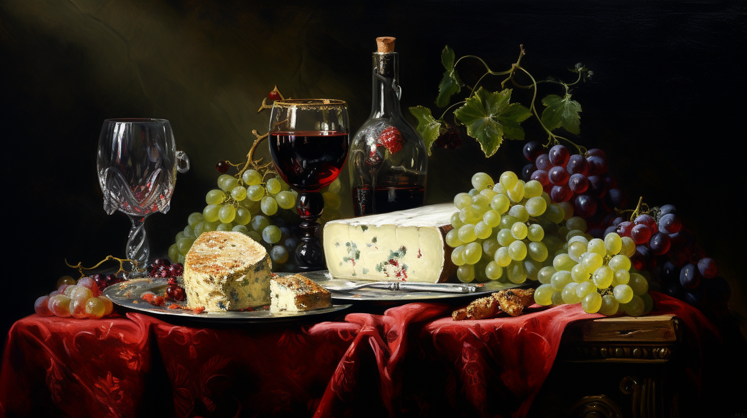 Baroque still life with red wine, crystal glasses, cheese, and grapes