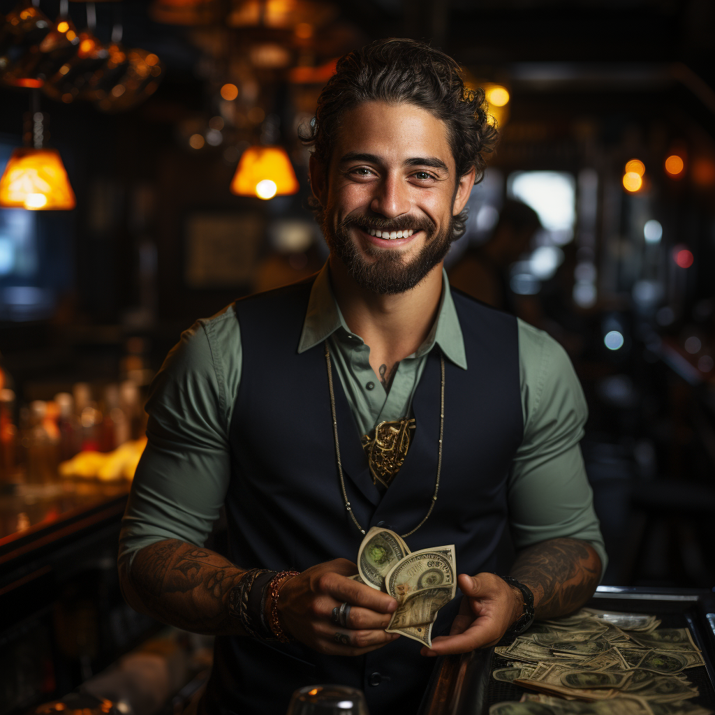 Male bartender holding cocktail and money