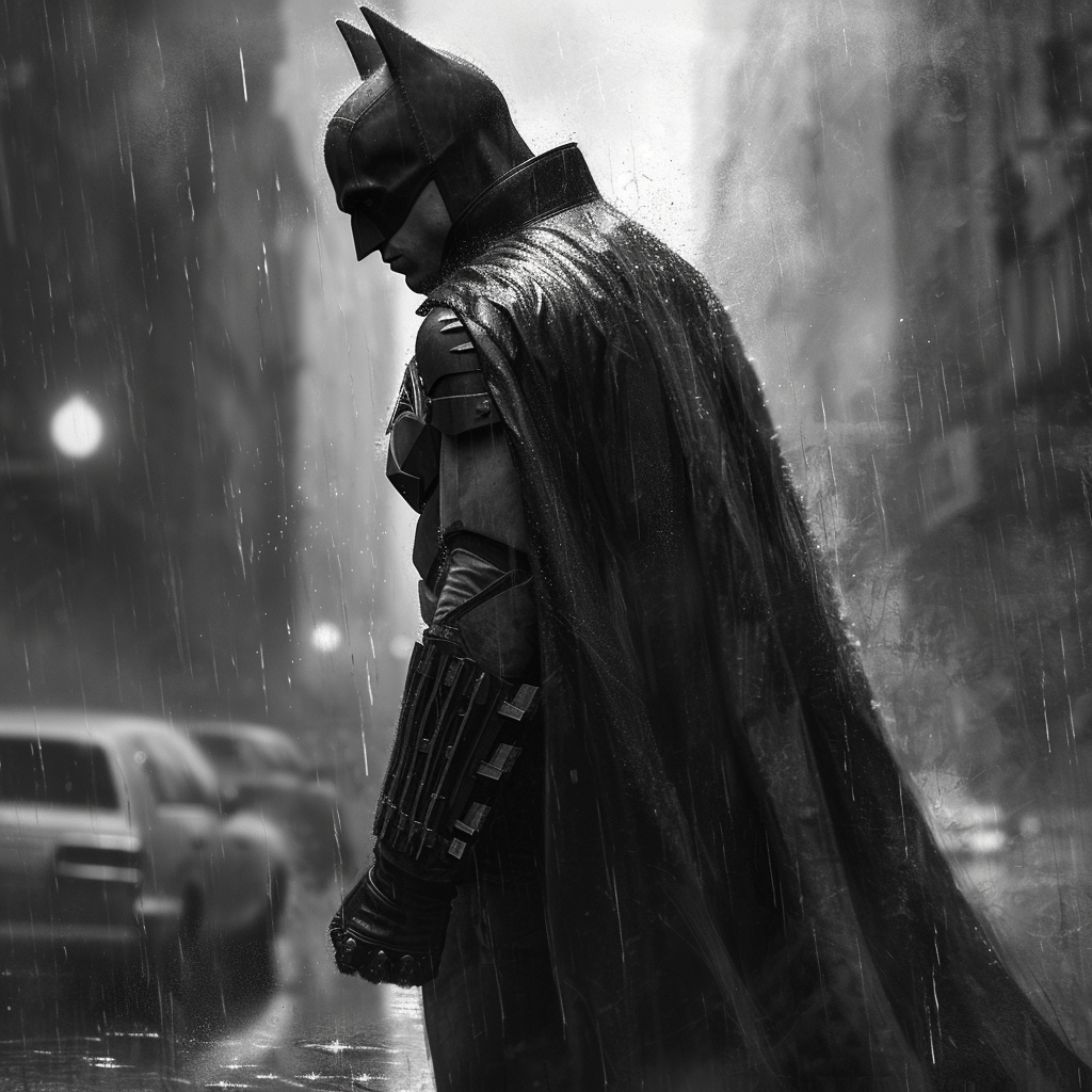 Batman walking through the rain with determination