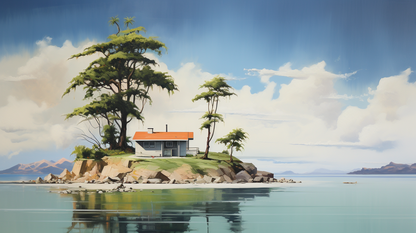 Beautiful beach island painting with trees and garage