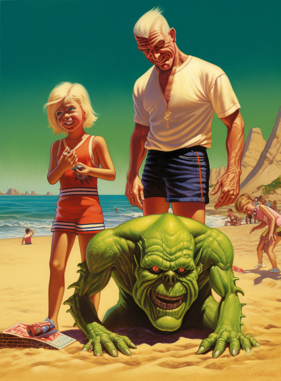 Three-year-old boy, Mexican woman, and bald white man on a beach with a monster