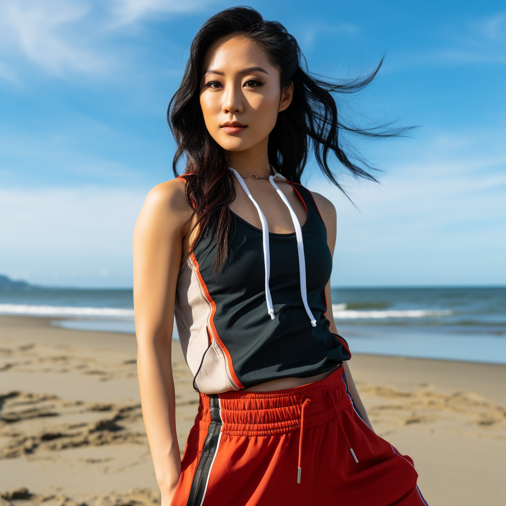 Asian girl posing on beach in gym attire