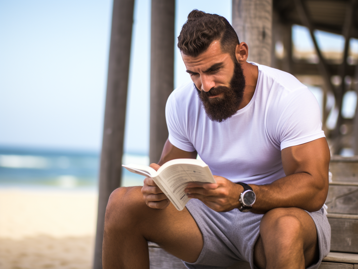 Muscular man reading book on Tel Aviv beach