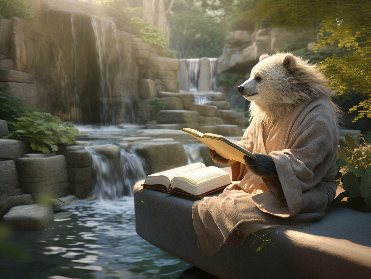 Bear writing in journal in peaceful garden