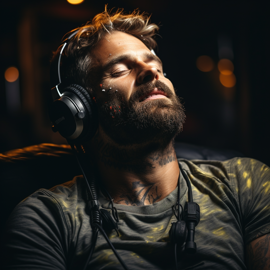 Bearded man enjoying music with headphones