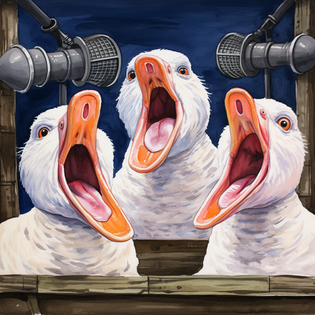 Three geese expressing pain through microphones