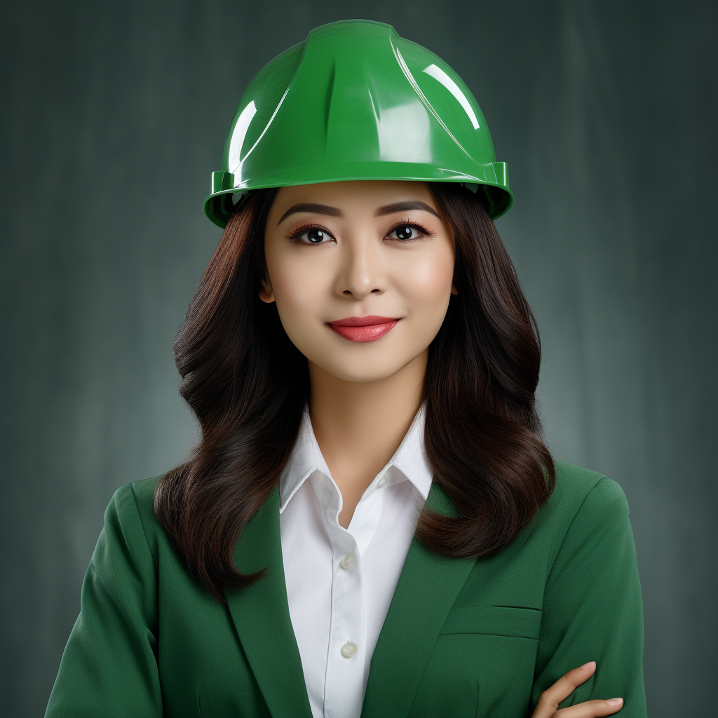 Asian woman in construction helmet posing