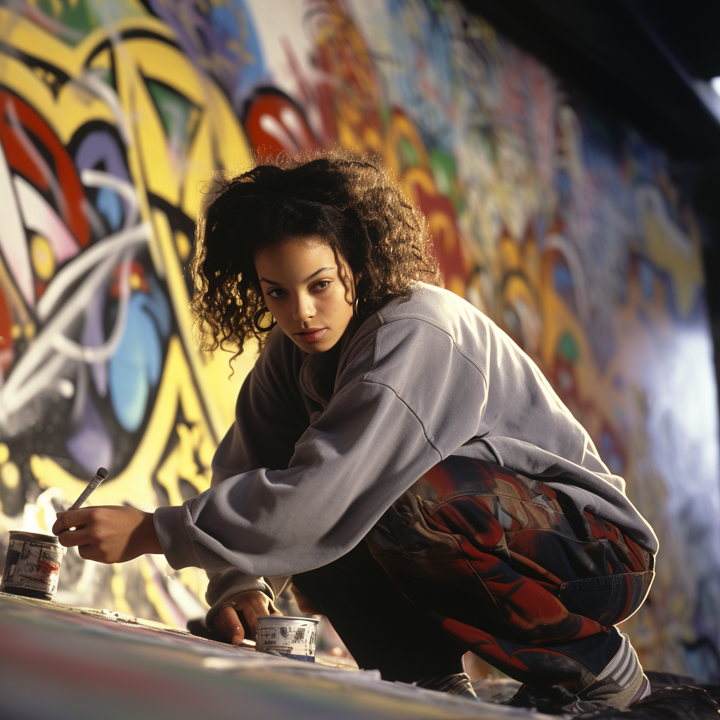 Nostalgic black hair artist painting colorful mural