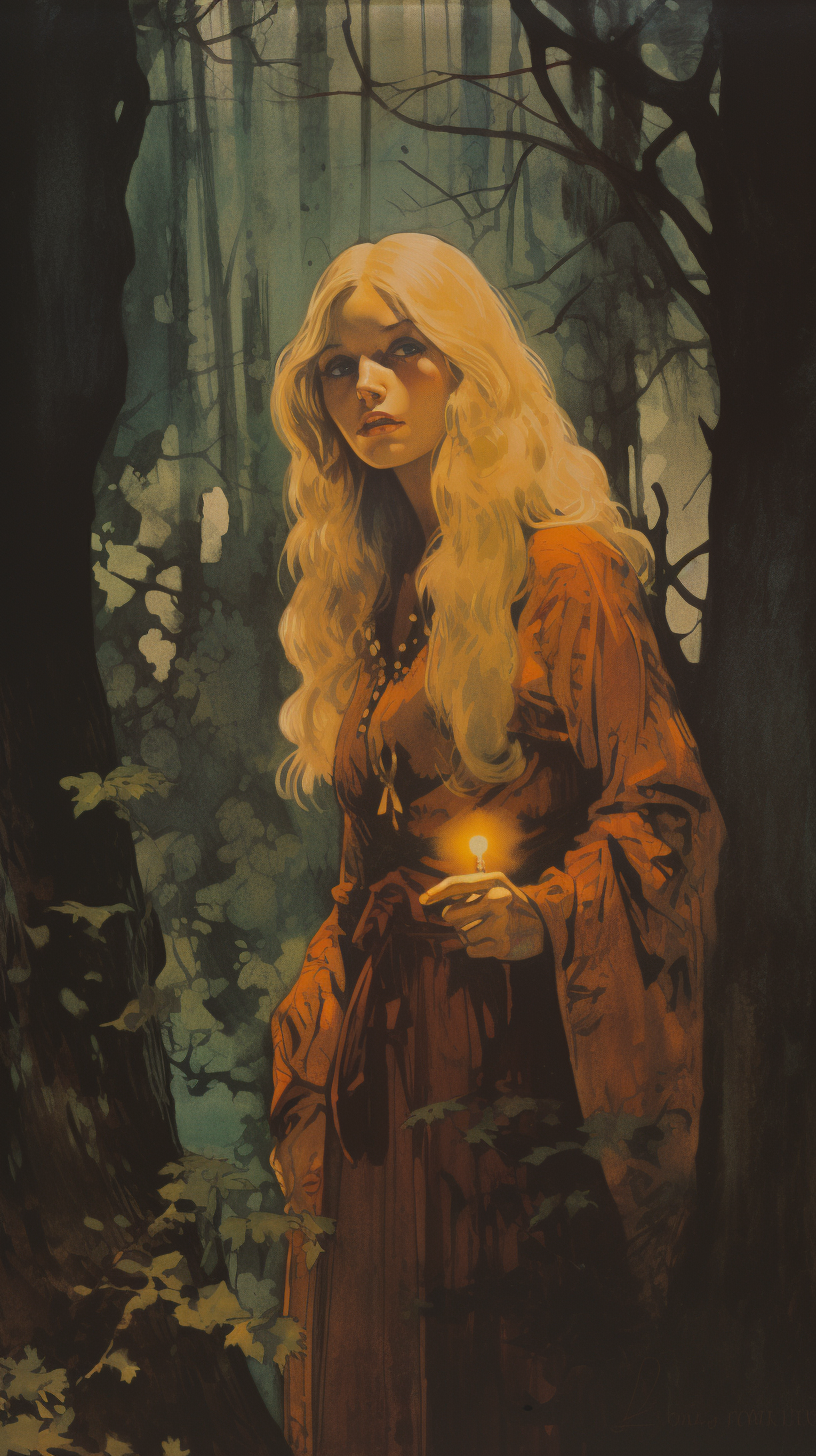 Illustration of a beautiful blonde girl drug dealer in a medieval forest