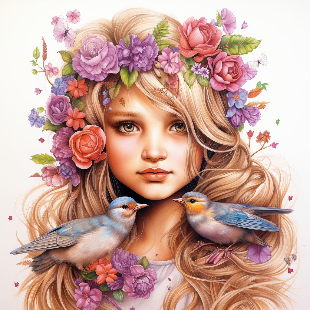 Blonde girl with flowers holding small birds