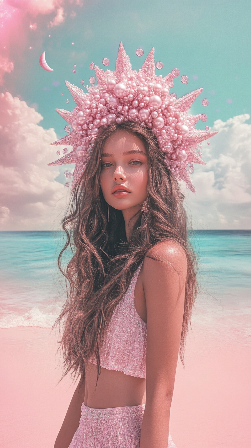 Brunette Girl Pink Sand Crown