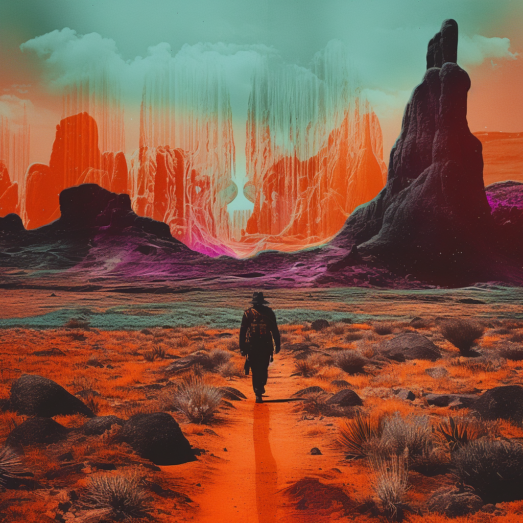 Vibrant fantasy landscape with sci-fi Westernpunk elements