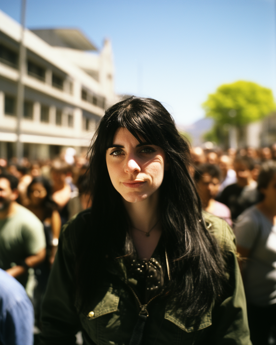 Smiling girl with black hair on busy street