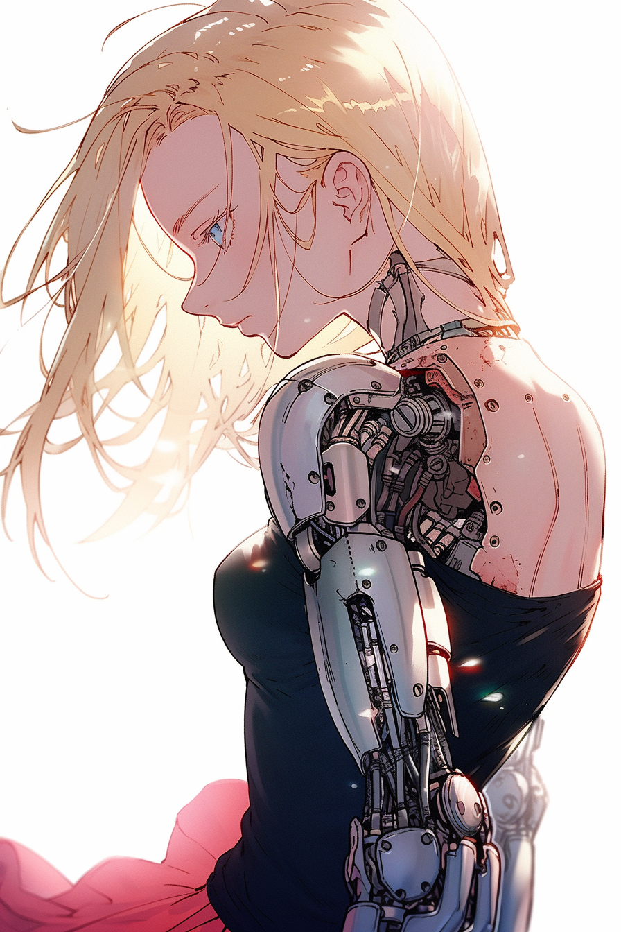 Beautiful girl with blue eyes and robotic arms