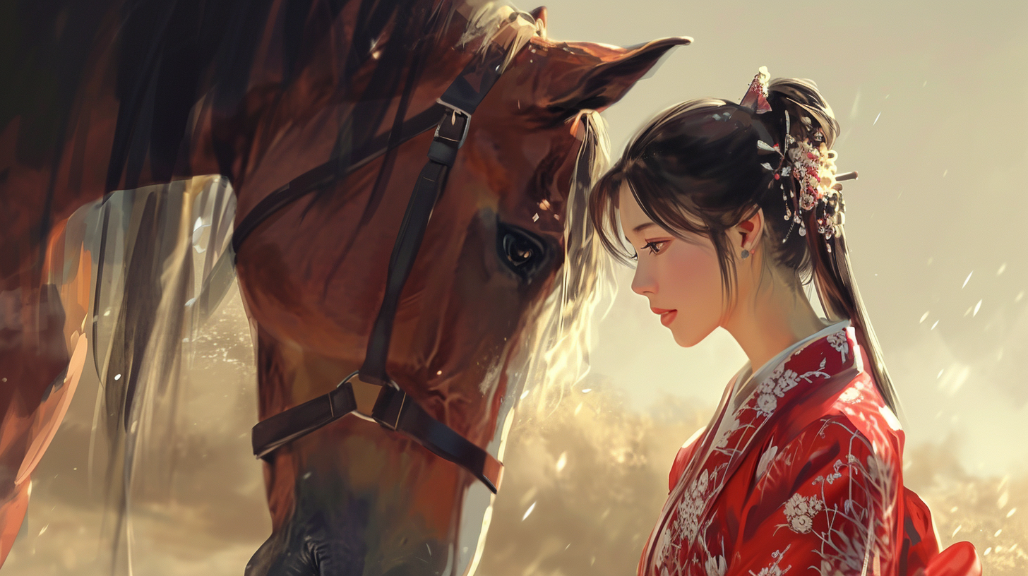 Horse Japanese Girl Folk Outfit