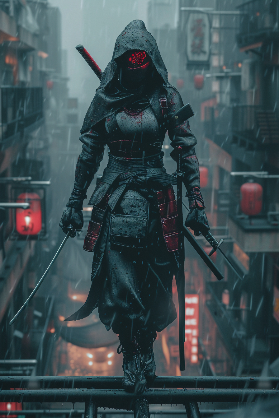 Beautiful ninja girl in cyber punk style