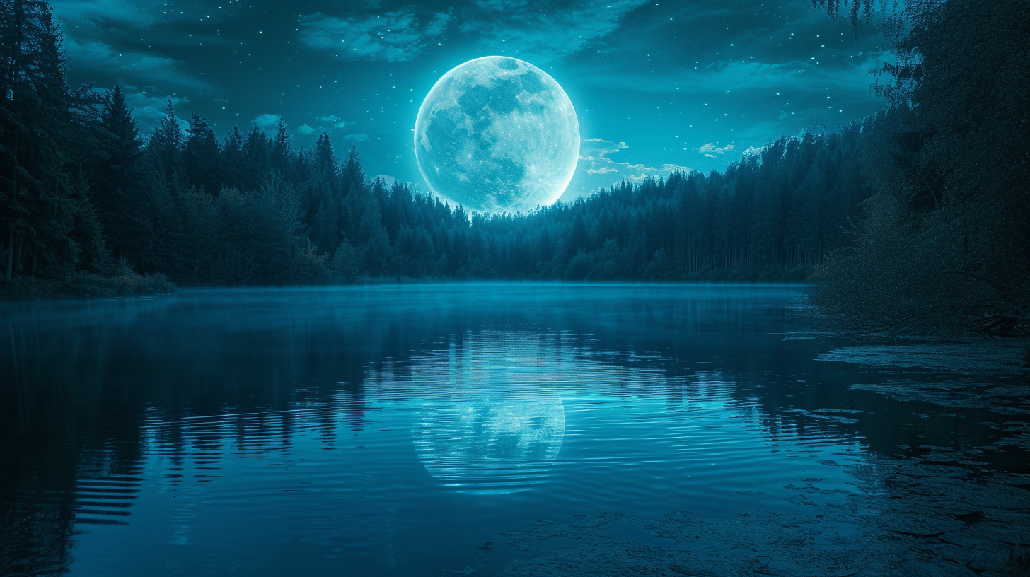 Moon over black forest and water