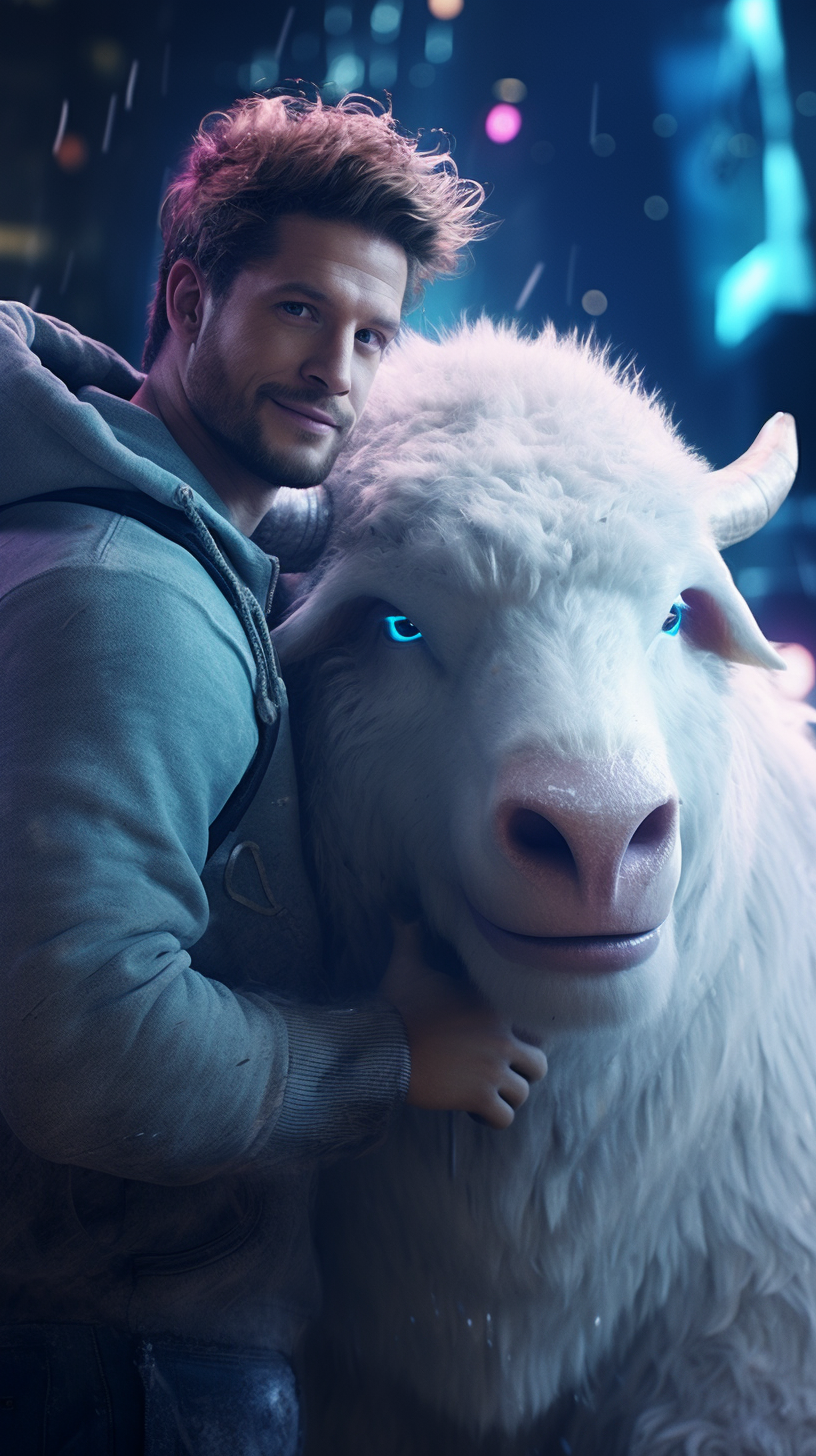 Smiling man hugging white bull creature