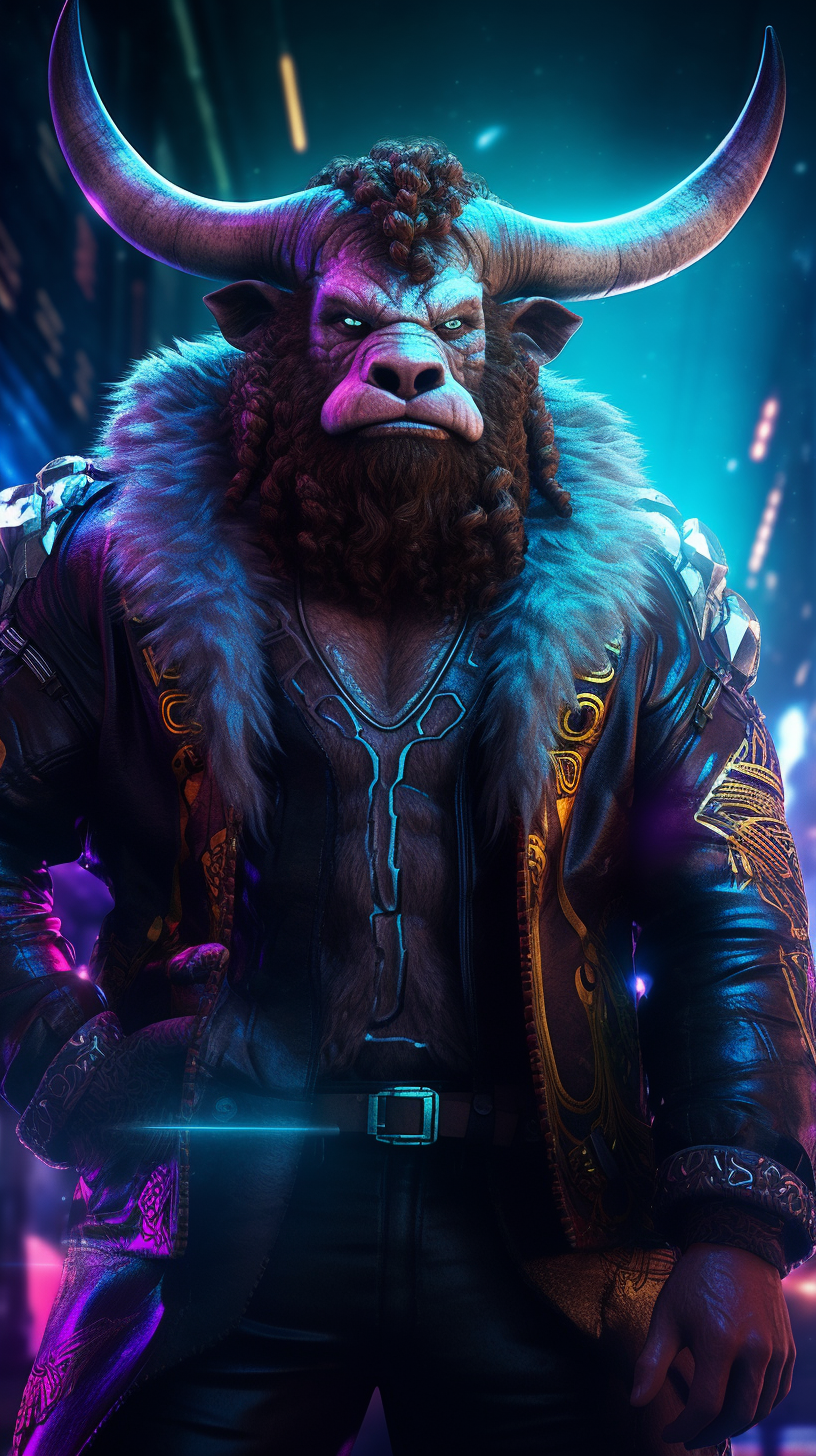 Smiling man with fluffy bull creature in cyberpunk