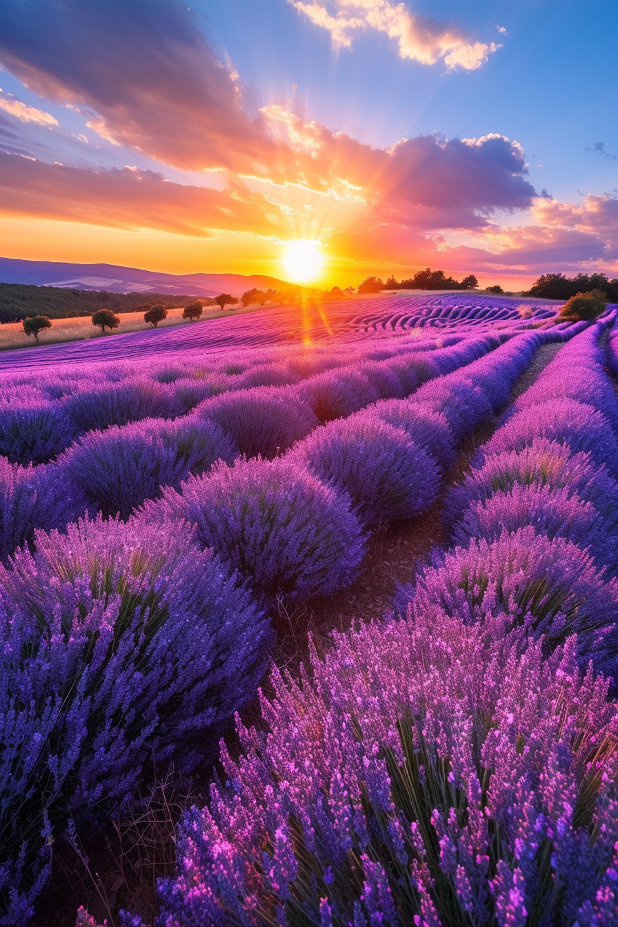 Lavendar Sunset Over Field View