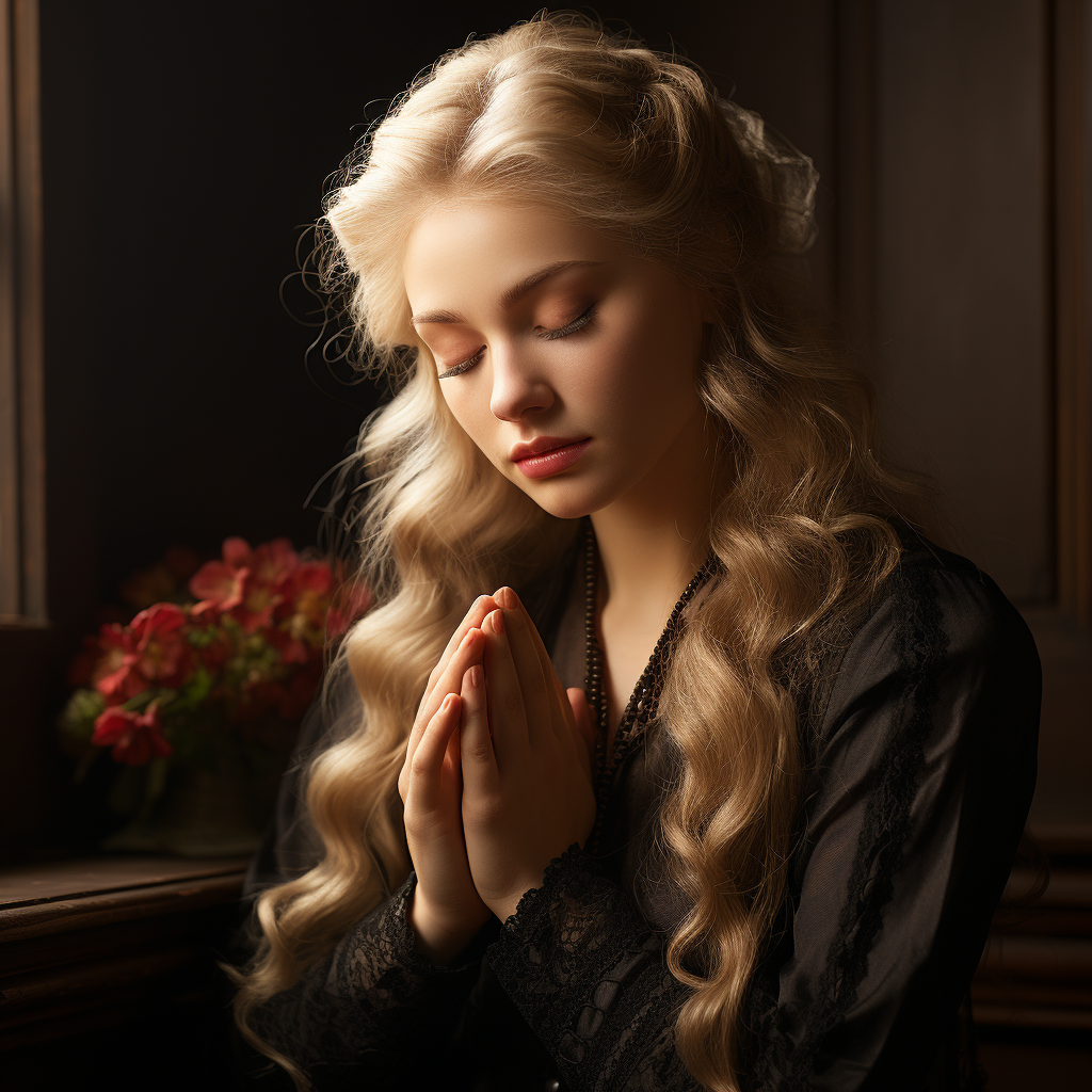 Beautiful woman praying with long, smooth white hair