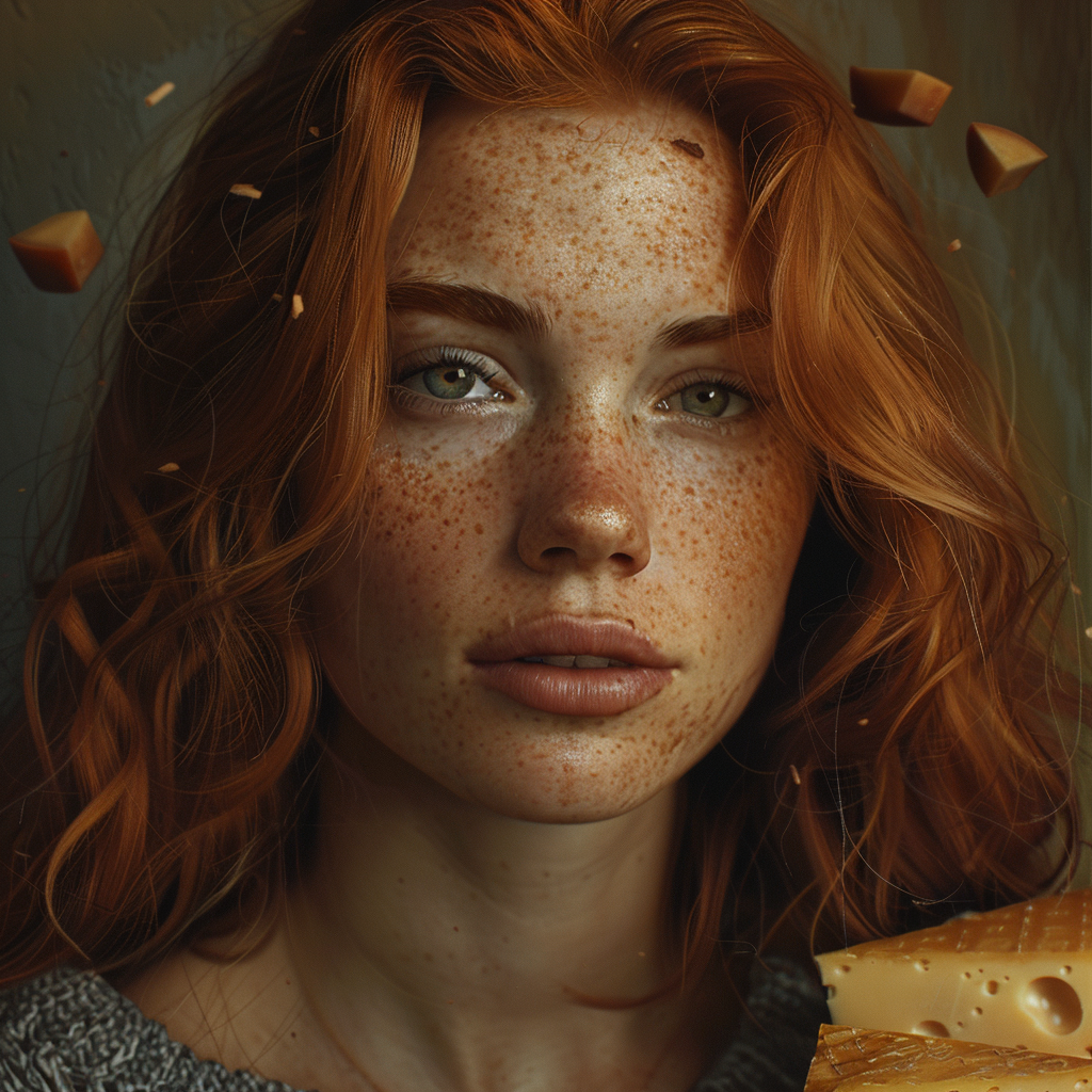 Woman with red hair and cheeses