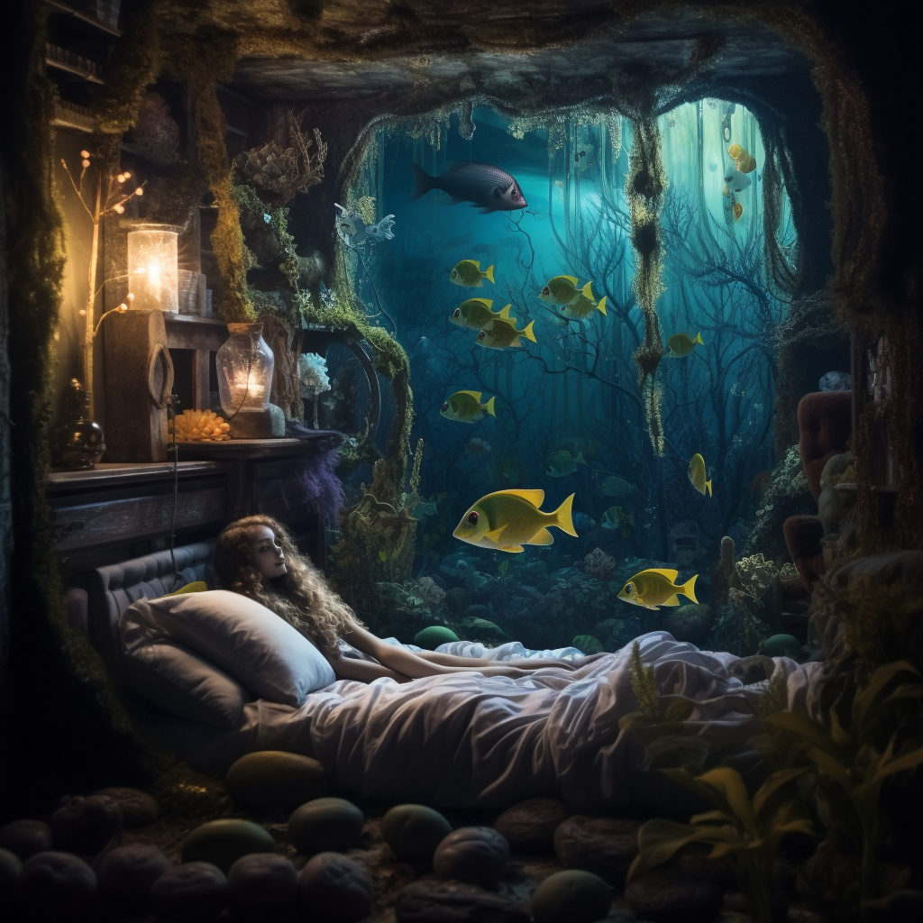 Beautiful mermaid in underwater bedroom