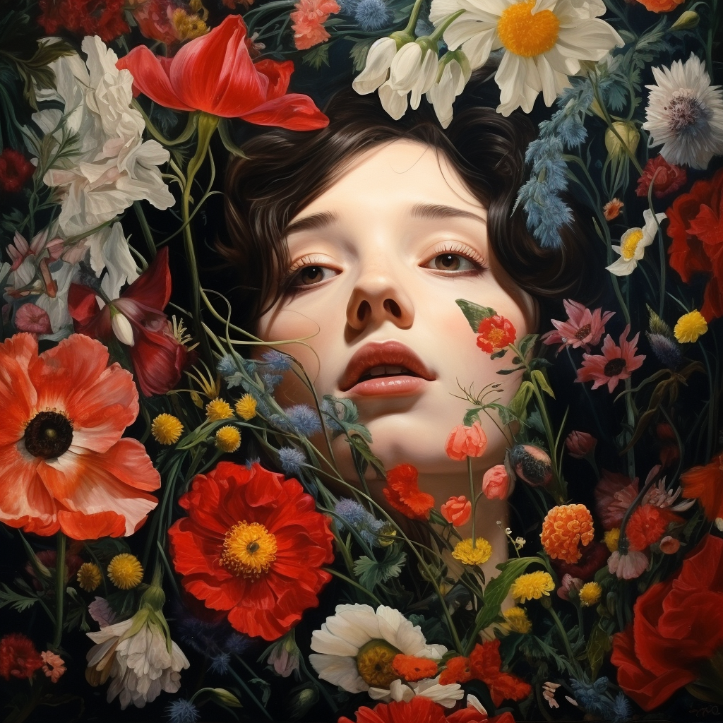 Woman immersed in vibrant flowers